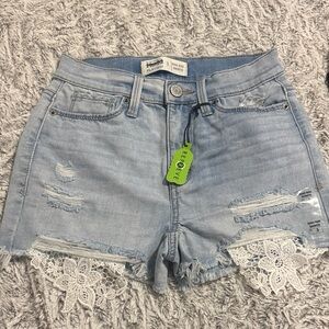 Re/Done Light Blue Distressed Denim Shorts with Lace Insets
